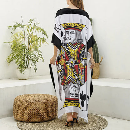 King Of Clubs Playing Card Print Silk V-Neck Kaftan Dress