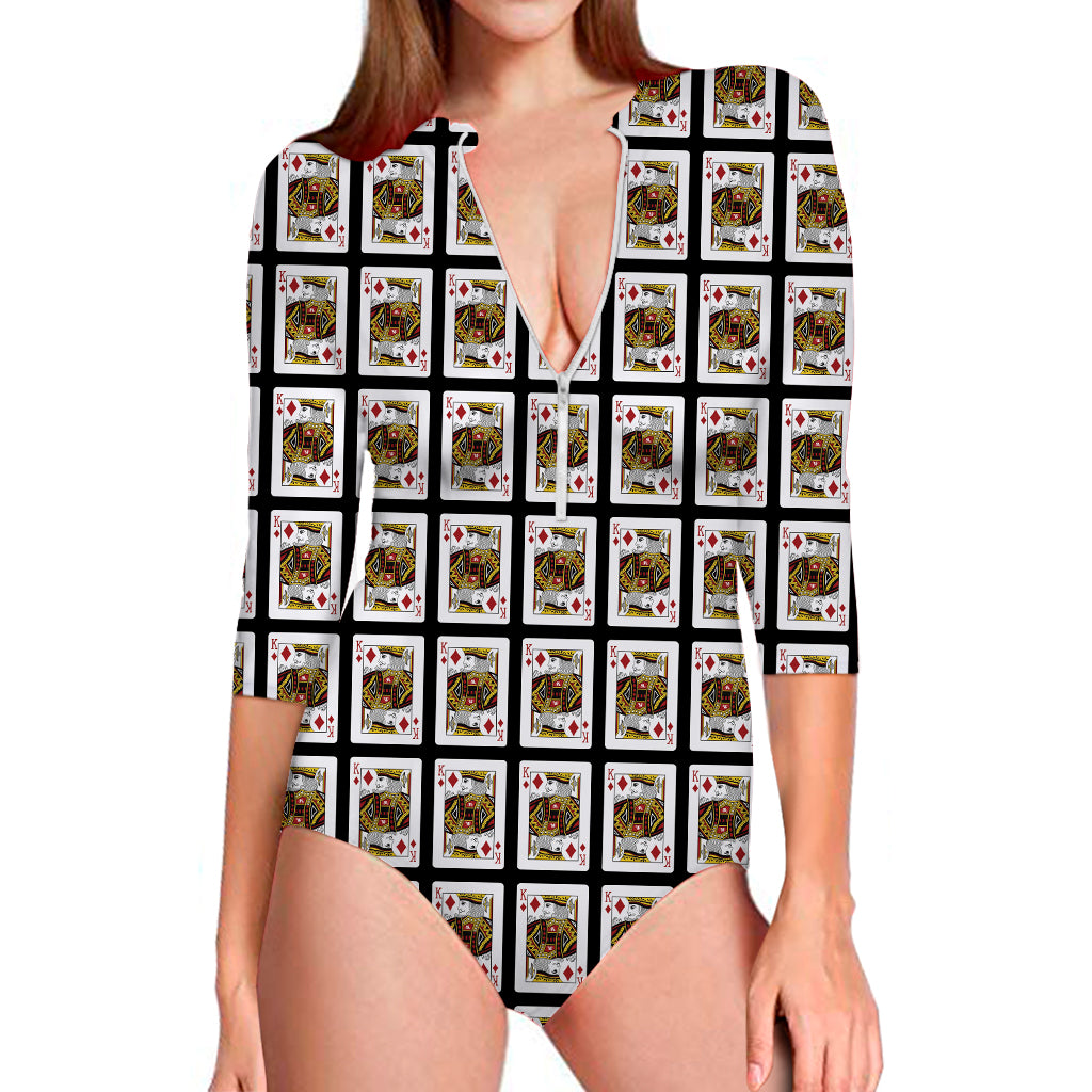 King Of Diamonds Playing Card Pattern Print Long Sleeve Swimsuit