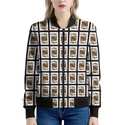 King Of Diamonds Playing Card Pattern Print Women's Bomber Jacket