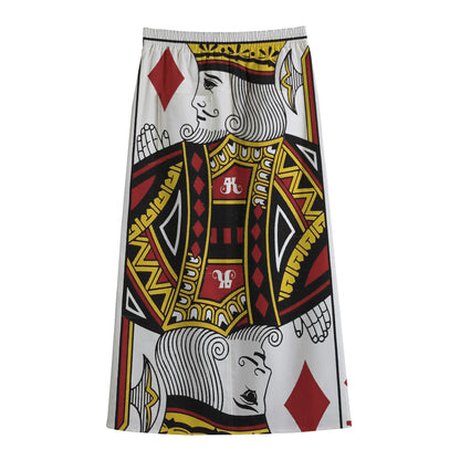 King Of Diamonds Playing Card Print Cotton Front Slit Maxi Skirt