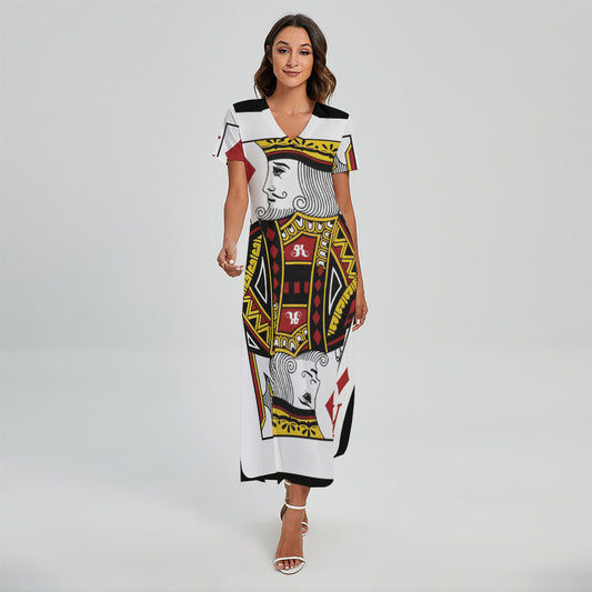 King Of Diamonds Playing Card Print Short Sleeve Maxi Dress