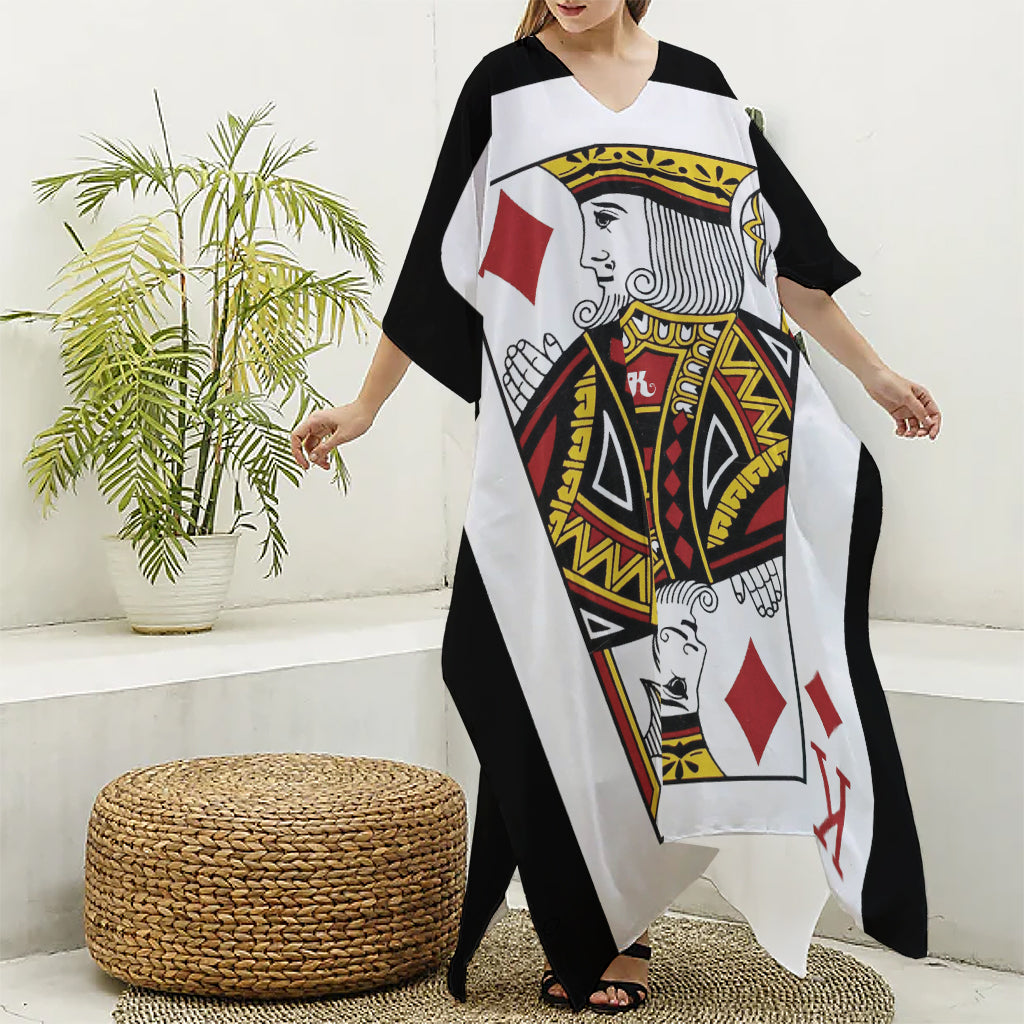 King Of Diamonds Playing Card Print Silk V-Neck Kaftan Dress
