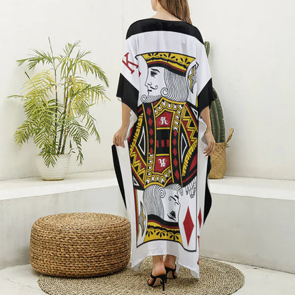 King Of Diamonds Playing Card Print Silk V-Neck Kaftan Dress