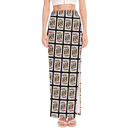 King Of Hearts Pattern Print High Slit Maxi Skirt