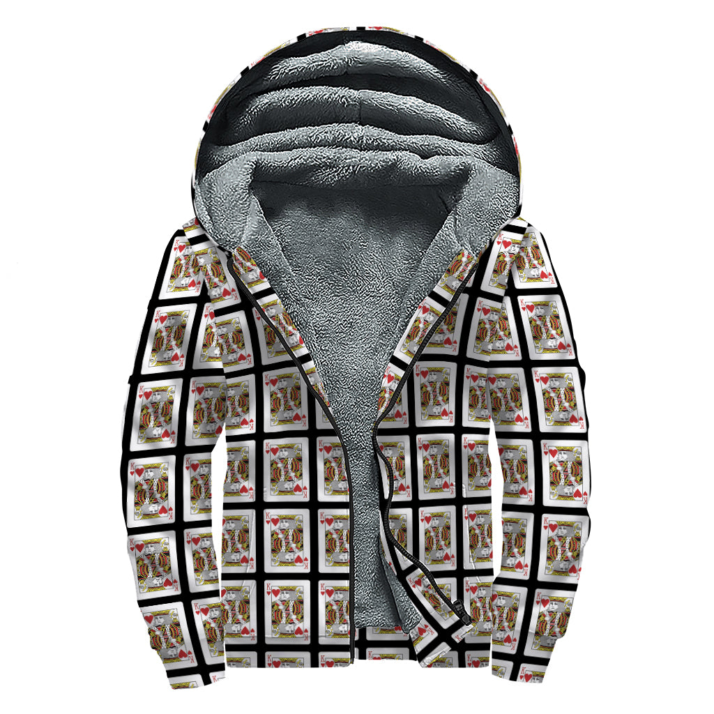 King Of Hearts Pattern Print Sherpa Lined Zip Up Hoodie