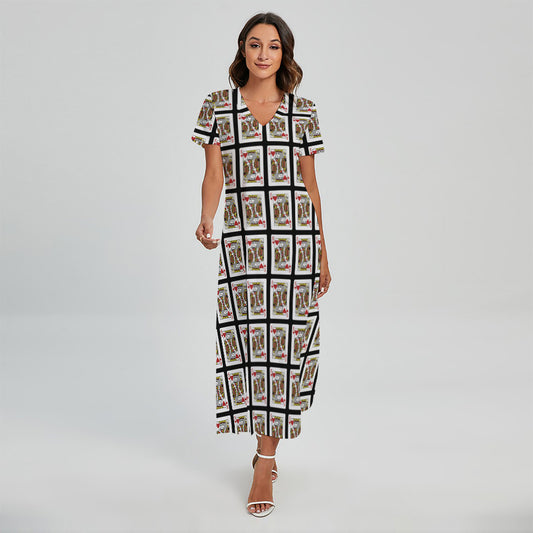 King Of Hearts Pattern Print Short Sleeve Maxi Dress