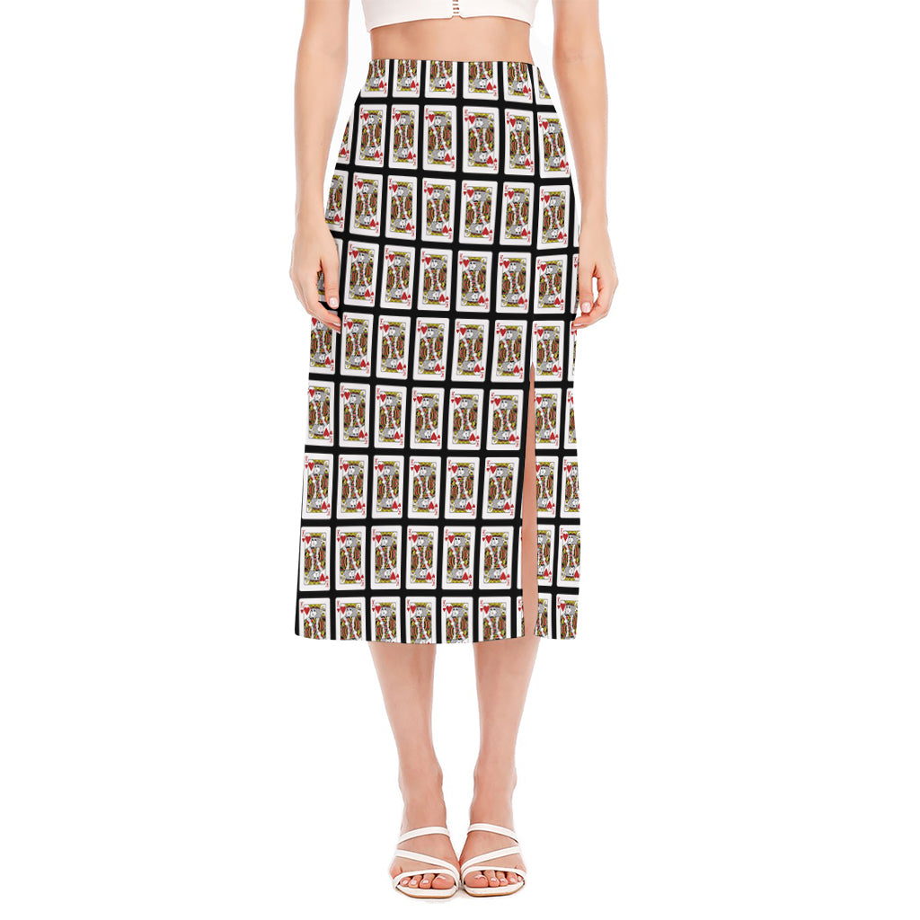 King Of Hearts Pattern Print Side Slit Midi Skirt