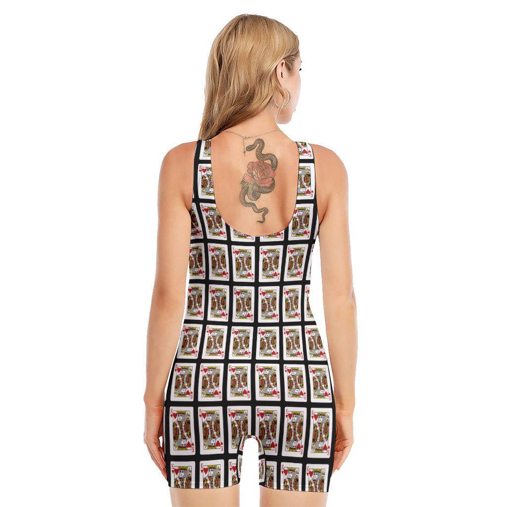 King Of Hearts Pattern Print Sleeveless One Piece Swimsuit