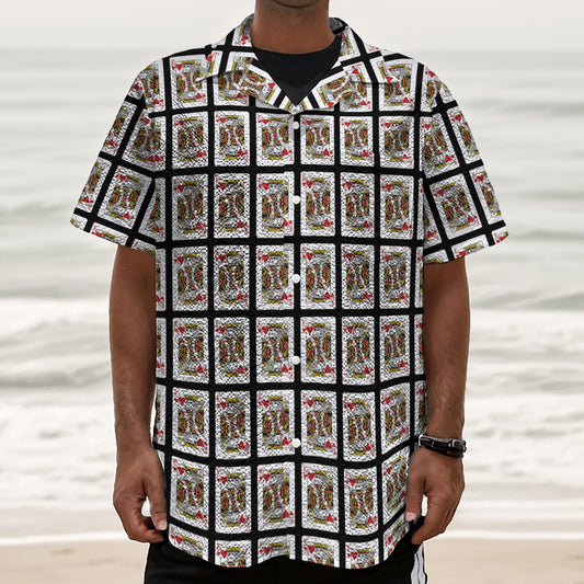 King Of Hearts Pattern Print Textured Short Sleeve Shirt