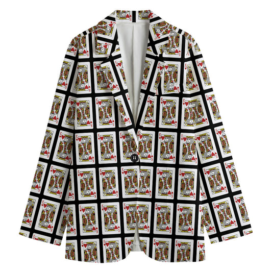 King Of Hearts Pattern Print Women's Cotton Blazer