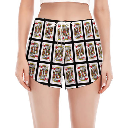 King Of Hearts Pattern Print Women's Split Running Shorts