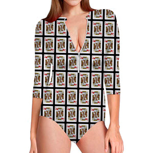 King Of Hearts Playing Card Pattern Print Long Sleeve Swimsuit