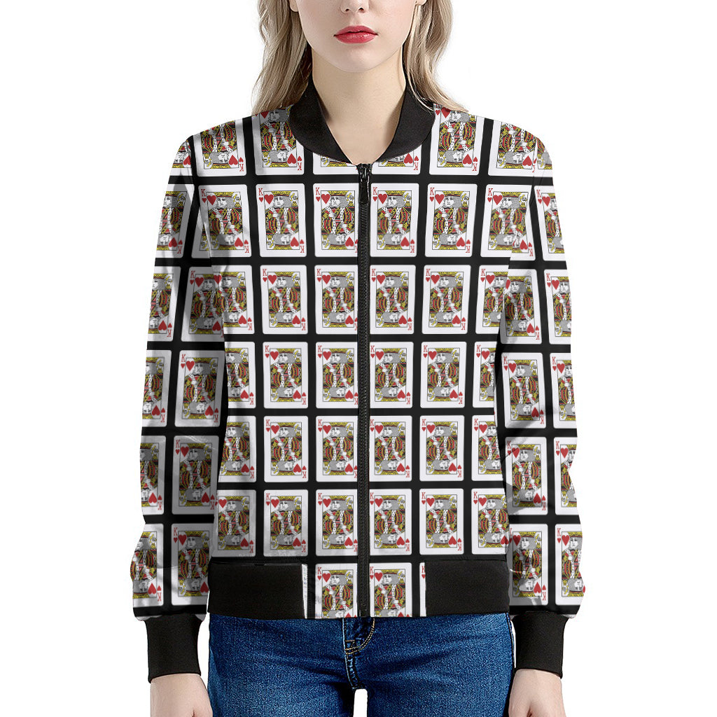 King Of Hearts Playing Card Pattern Print Women's Bomber Jacket