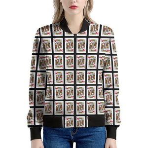 King Of Hearts Playing Card Pattern Print Women's Bomber Jacket