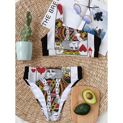 King Of Hearts Playing Card Print One Shoulder Bikini Top