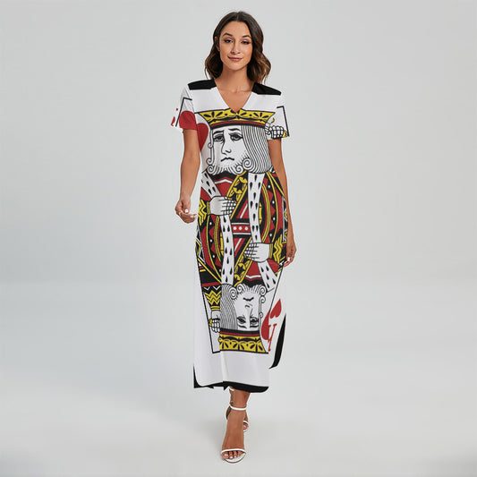 King Of Hearts Playing Card Print Short Sleeve Maxi Dress