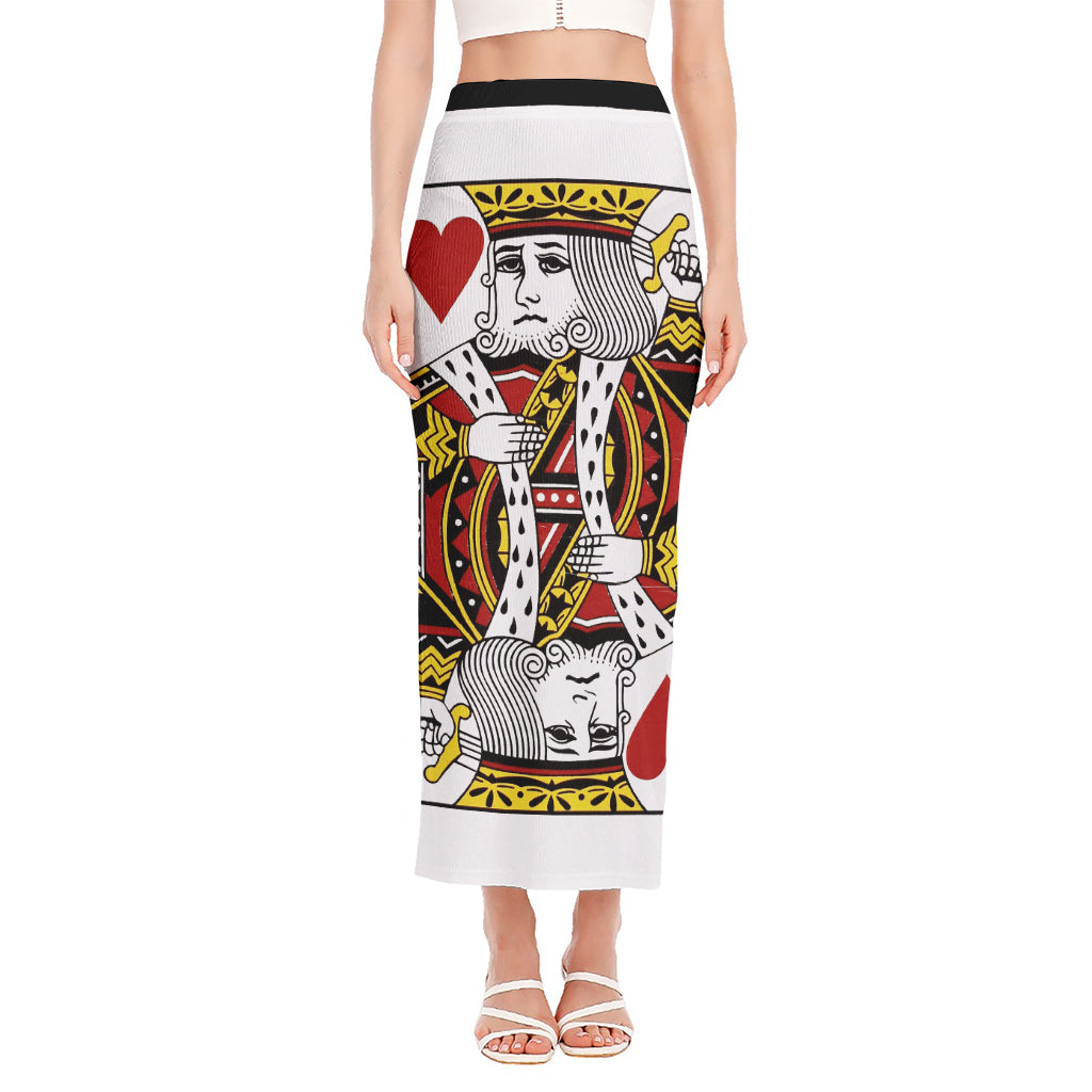 King Of Hearts Playing Card Print Side Slit Maxi Skirt