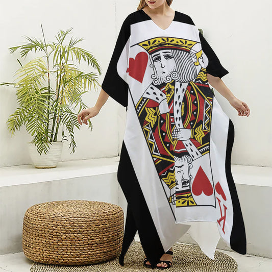 King Of Hearts Playing Card Print Silk V-Neck Kaftan Dress