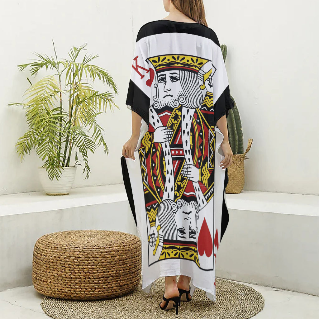 King Of Hearts Playing Card Print Silk V-Neck Kaftan Dress