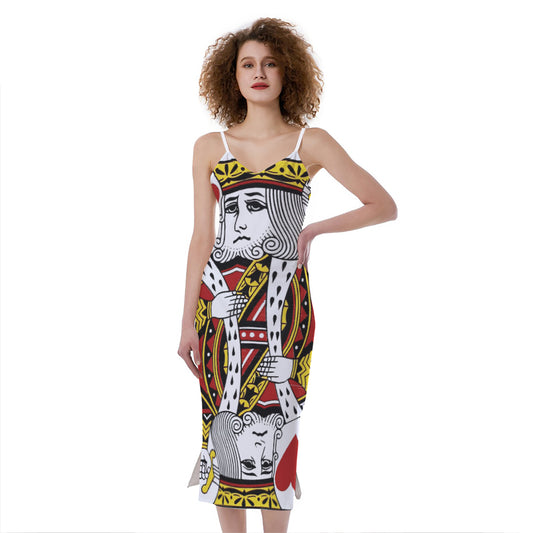 King Of Hearts Playing Card Print Slim Fit Midi Cami Dress