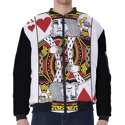 King Of Hearts Playing Card Print Zip Sleeve Bomber Jacket