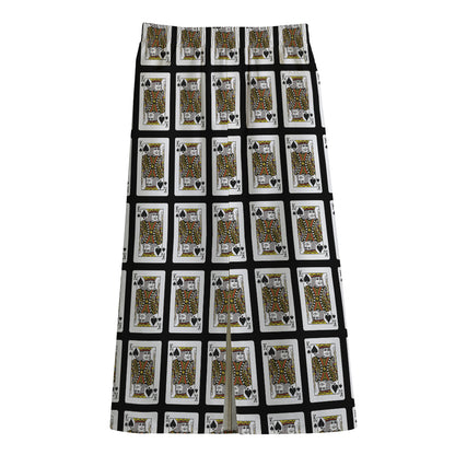 King Of Spades Pattern Print Cotton Front Slit Maxi Skirt