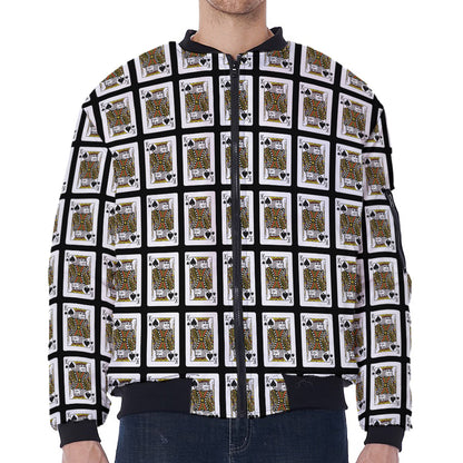 King Of Spades Pattern Print Zip Sleeve Bomber Jacket