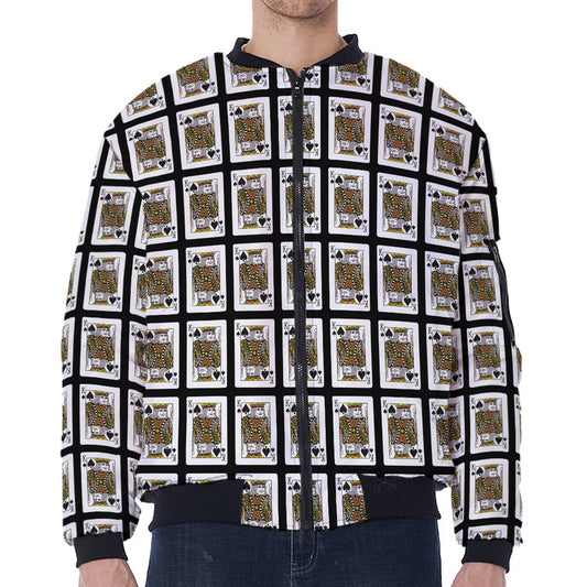 King Of Spades Pattern Print Zip Sleeve Bomber Jacket