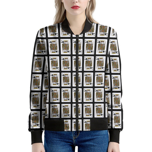 King Of Spades Playing Card Pattern Print Women's Bomber Jacket