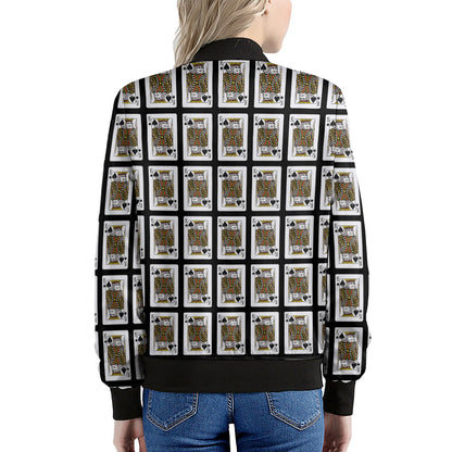 King Of Spades Playing Card Pattern Print Women's Bomber Jacket