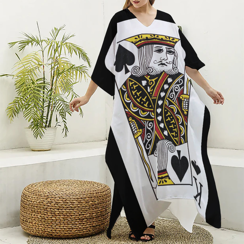 King Of Spades Playing Card Print Silk V-Neck Kaftan Dress