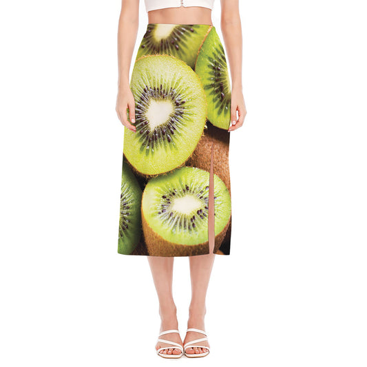Kiwi 3D Print Side Slit Midi Skirt