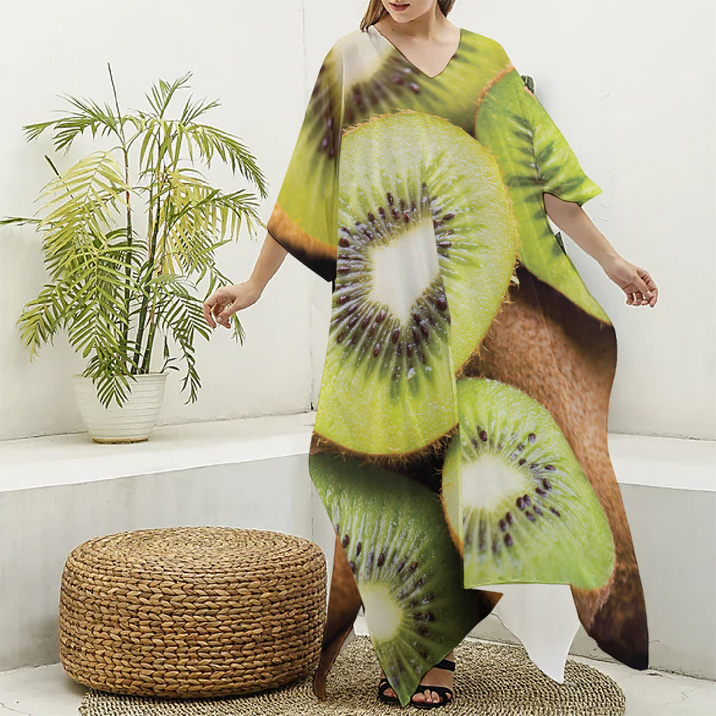 Kiwi 3D Print Silk V-Neck Kaftan Dress