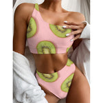 Kiwi Slices Pattern Print One Shoulder Bikini Top