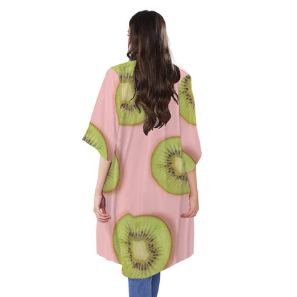 Kiwi Slices Pattern Print Open Front Beach Cover Up