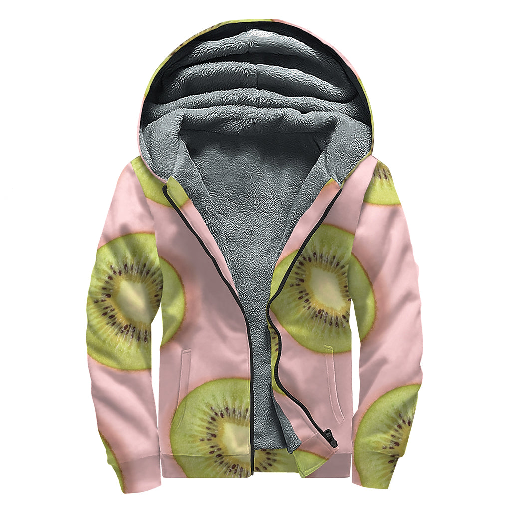 Kiwi Slices Pattern Print Sherpa Lined Zip Up Hoodie