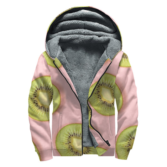 Kiwi Slices Pattern Print Sherpa Lined Zip Up Hoodie