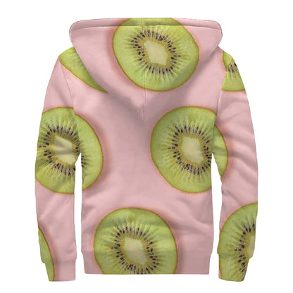 Kiwi Slices Pattern Print Sherpa Lined Zip Up Hoodie