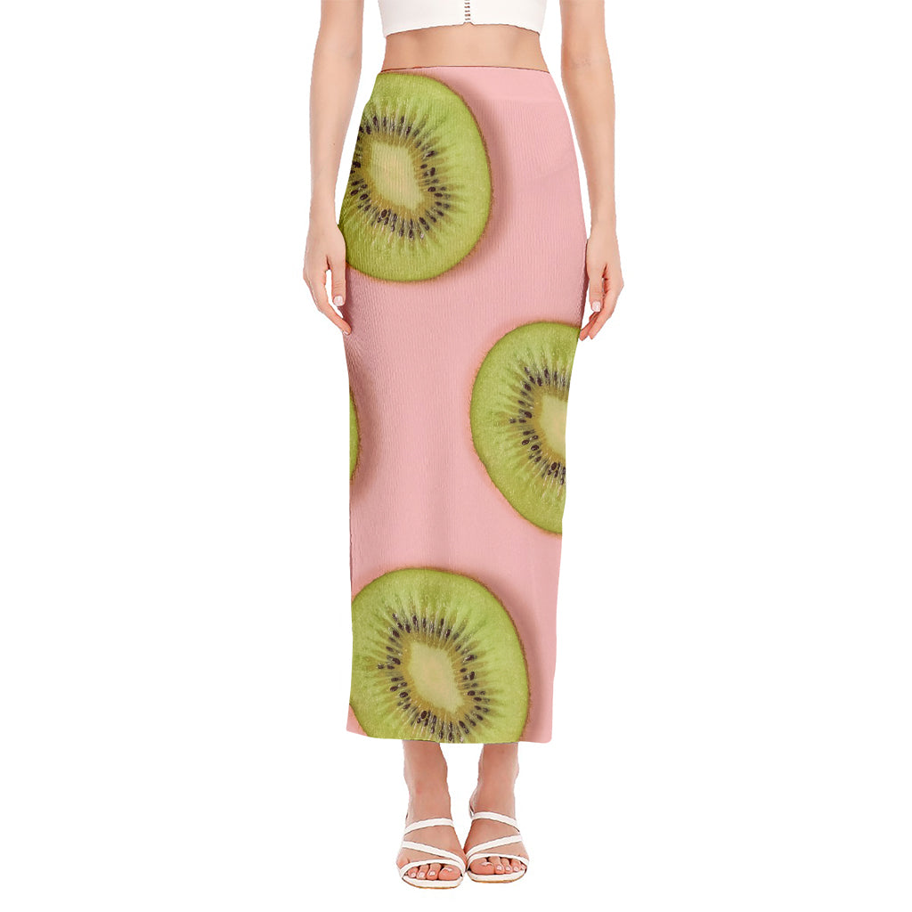 Kiwi Slices Pattern Print Side Slit Maxi Skirt