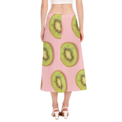 Kiwi Slices Pattern Print Side Slit Midi Skirt