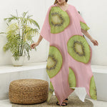 Kiwi Slices Pattern Print Silk V-Neck Kaftan Dress