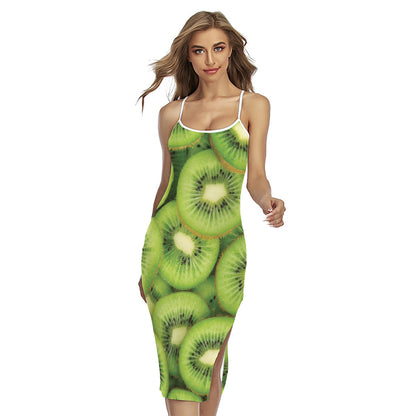 Kiwi Slices Print Cross Back Cami Dress