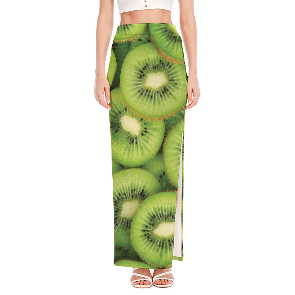 Kiwi Slices Print High Slit Maxi Skirt