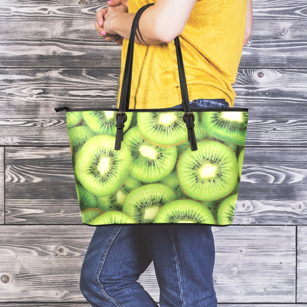 Kiwi Slices Print Leather Tote Bag