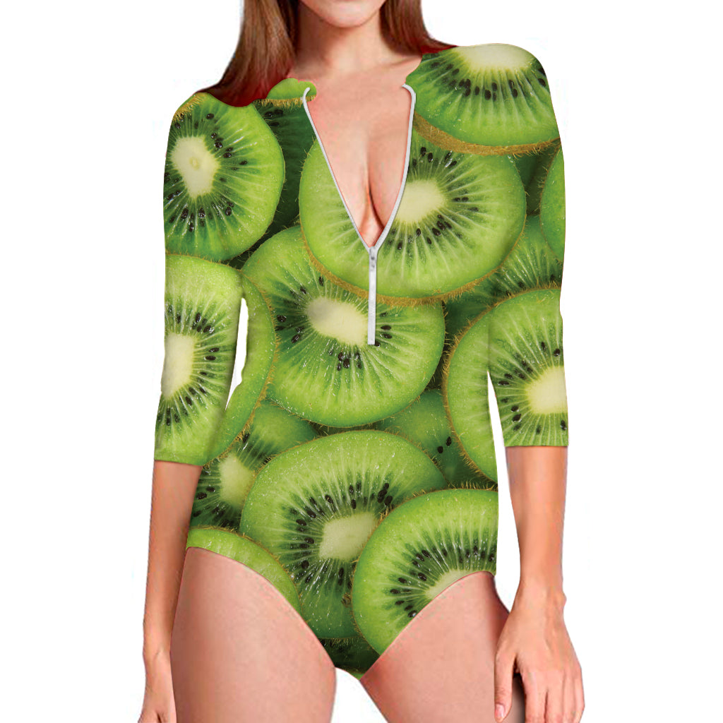Kiwi Slices Print Long Sleeve Swimsuit
