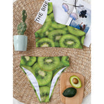 Kiwi Slices Print One Shoulder Bikini Top