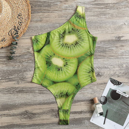 Kiwi Slices Print One Shoulder Bodysuit