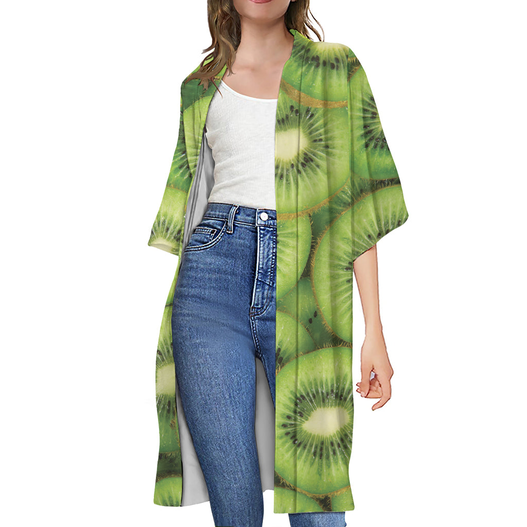 Kiwi Slices Print Open Front Beach Cover Up