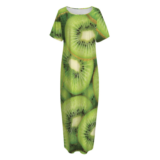 Kiwi Slices Print Short Sleeve Long Nightdress