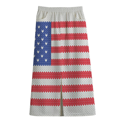 Knitted American Flag Print Cotton Front Slit Maxi Skirt